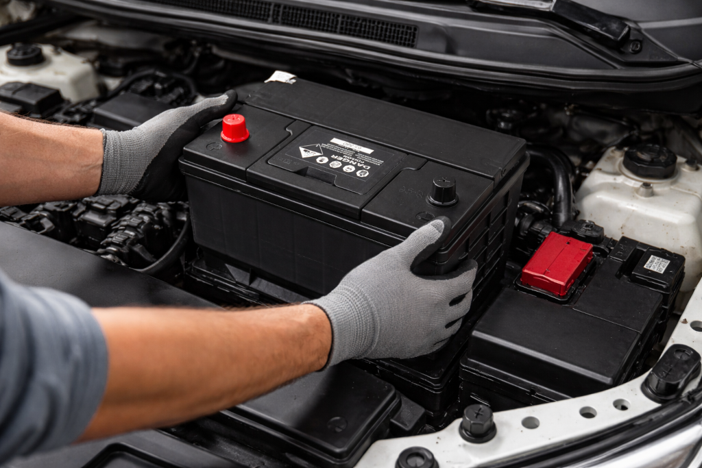 A man change car battery